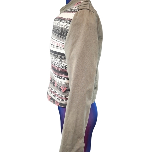 FB Sisters Moto Military Jacket Khaki w Embroidered Aztec Pattern Size Medium - Picture 4 of 13